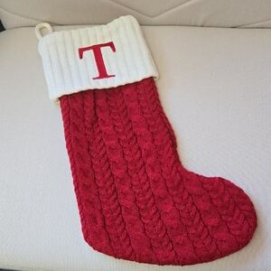 Cable-Knit Red Holiday Stocking with Cream Cuff and Monogram